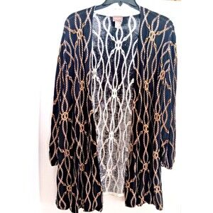 Chico's Sz 3 (16-18) Open Cardigan Blk/Gold Chain Design Lightweight 3/4 Sleeves